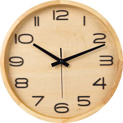 A close-up view of a round, wooden wall clock with black hands and numbers.