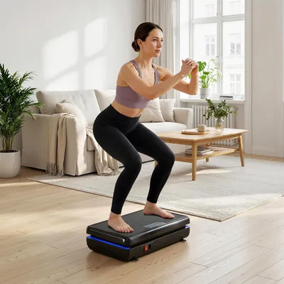 Image de Plateforme vibrante avec 120 niveaux d'intensité, plateforme vibrante avec bandes de résistance, appareil de fitness noir | 48 x 32 x 13 cm | 5 programmes | LED | 8 kg