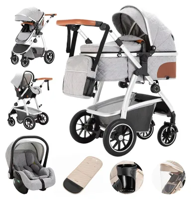 Productafbeelding van 3-in-1 Babybuggy - SK20 Combinatiebuggy - Hoge zitpositie - Verstelbare duwstang - Opvouwbare kinderwagen - Muggennet - Aluminium frame - Lichtgrijs