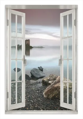 Produktbild von Wallario Wandbild mit Fenster-Illusion: Schloss in Schottland, Größe: 61 x 91,5 cm, Poster mit rahmenlosen Bildhalter