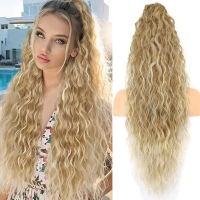 Immagine prodotto di Caschetto per capelli a forma di coda di cavallo, lungo, ondulato e riccio, 75 cm, color cenere biondo con riflessi