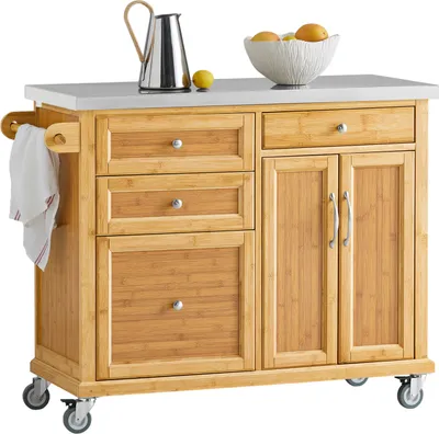 Produktbild von SoBuy FKW70-N Küchenwagen Servierwagen Kücheninsel Küchenschrank aus Bambus mit Edelstahlarbeitsplatte BHT ca.: 115x92x46cm