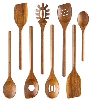 Immagine prodotto di Set di 8 cucchiai da cucina in legno di acacia, resistenti al calore e adatti per l'uso con pentole antiaderenti