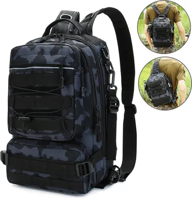 Image de Sac de rangement pour matériel de pêche Sac à dos d'épaule multifonctionnel Outdoor résistant aux éraflures avec porte-canne, Bleu foncé Noir
