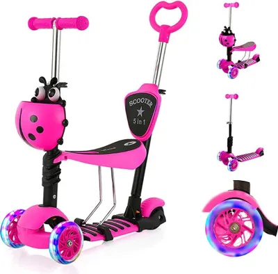 Produktbild von Yoleo 5-in-1 Kinder Roller Scooter mit abnehmbarer Karikaturkorb Sitz Schubstange LED große Räder bequeme Rückenlehne Höheverstellbare Lenker für Kleinkinder Jungen Mädchen ab 2 Jahre (Rosa)