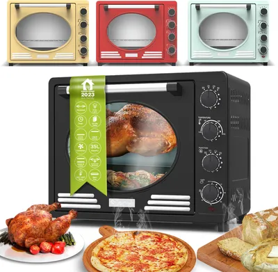 Produktbild von TurboTronic Minibackofen mit Umluft und Drehspieß 35 Liter, inkl. Backblech, schwarz 1600W Mini Tisch Backofen Camping Pizzaofen Klein/Groß Vintage Retro
