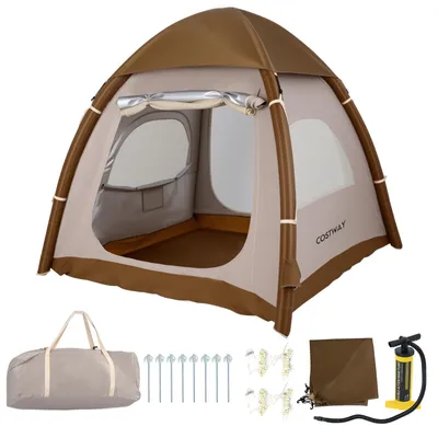 Image de Tente de camping gonflable COSTWAY pour 4 personnes, tente gonflable imperméable avec lucarne, 2 portes, fenêtres en filet, pompe à air et sac de transport, tente familiale 208 x 208 x 196 cm
