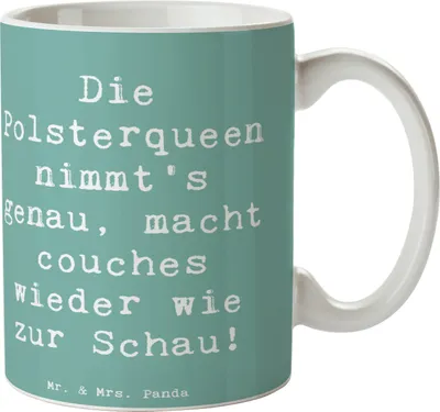Produktbild von Mr. & Mrs. Panda Kaffeebecher Spruch Polsterei Präzision - Meeresbrise - Geschenk, Becher, Tasse, Geschenke für Berufstätige, mit Herz, Handwerkskunst, cappuccinotasse
