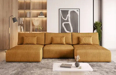 Produktbild von Easy4You Senf Ecksofa Senf Kord in U-Form 315 x 80 x 152 cm mit Schlaffunktion und Bettzeugbehälter - Schlafsofa mit Bettkasten - Eckcouch mit Stauraum - Stoff: POSO 42