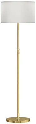 Produktbild von Stehlampe mit Fernbedienung, höhenverstellbar, Stoffschirm, Metallständer, anpassbare Helligkeit, Fußschalter, Goldfarben