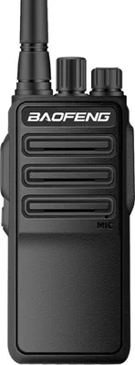 A black Baofeng radio is shown against a white background.