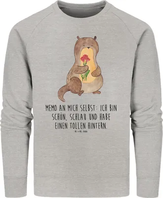 Produktbild von Mr. & Mrs. Panda Baumwoll Pullover Otter Blumenstrauß Größe XS - Heather Grey - Geschenk, Positiv, Pulli, Selbstliebe, Seeotter, Sweatshirt, Achtsamkeit, Sweater, Süß