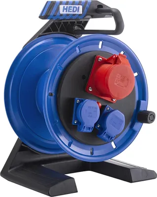 Produktbild von HEDI Vollkunststoff-Kabeltrommel Generation 7 Companion Leertrommel (Kabeltrommel-ø 250 mm, für bis zu 20 m 2,5mm Leitung, spritzwassergeschützte 2-fach Schutzkontakt-Steckdose 250 V, CEE-Steckdose (5x16A)) K7AD0016T