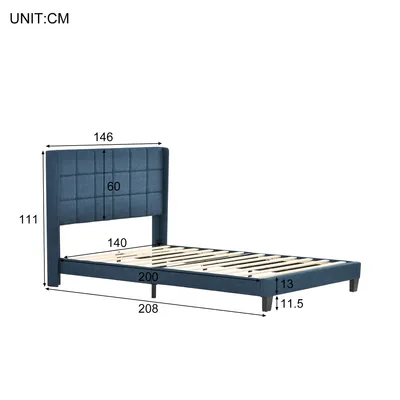 A blue upholstered bed frame with a headboard and wooden slats, shown with dimensions indicated.