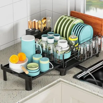 Produktbild von Ausziehbarer Abtropfkorb – Edelstahl – Mit Besteckhalter – Automatische Wasserabführung und platzsparendes Design