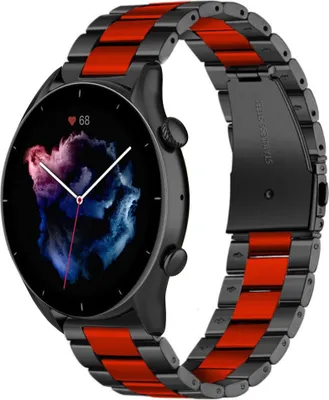 Produktbild von Strap-it Stahlarmband - Kompatibel mit Amazfit GTR 3 (Pro) Armband Ersatzarmband Edelstahl - Gliederarmband mit Faltschließe - Hochwertiges Material - für Smartwatch 22mm Armband Schwarz / Rot