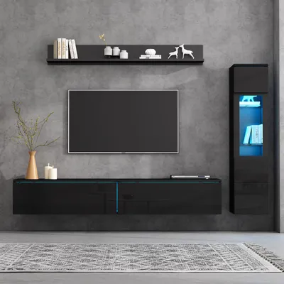 Image de Ensemble mural TV 3 pièces LED noir brillant Ensemble de meubles de salon Ensemble mural frontal noir 1 meuble TV, 1 vitrine de salon, 1 étagère suspendue, TV jusqu'à 80 pouces