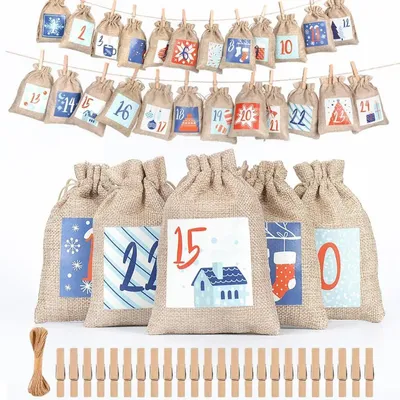 Produktbild von Adventskalender-Tüten 24 Tage Countdown Jutebeutel zum Aufhängen Blau 15x10 cm Satin