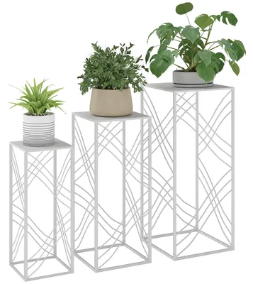 Produktbild von 3er-Set Pflanzenständer, 50/60/70 cm hoch Blumenständer, stapelbar Pflanzenregal aus Metall Weiß