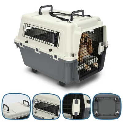 Produktbild von Ikodm Hundetransportbox 67,3 x 54,9 x 51,5 cm bis 17,5 kg mit 4 Rollen, Metalltür, Lüftungsgittern, Bodengitter, 2 Näpfen und Tragegurt, Grau Weiß