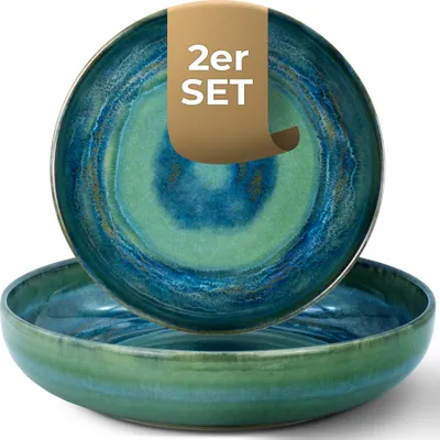 Produktbild von Palmer tiefe Teller-Set Miami, 2 x Pastasteller aus Steingut Ø 22 cm, Teller grün-blau, spülmaschinenfest - Modernes Steingut Geschirr ofen- & mikrowellenfest