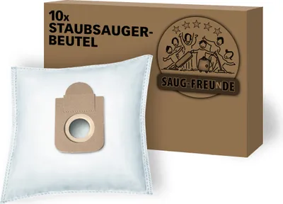 A vacuum cleaner bag and its packaging are shown against a white background.