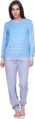 Produktbild von Damen Frottee Pyjama langarm mit Bündchen in edler Streifenoptik - 291 201 13 780 ; hellblau , 36