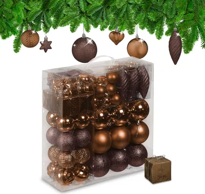 Productafbeelding van Relaxdays kerstballen set van 110 stuks, kunststof, kerstboomdecoratie met ballen en tinsel, kerstboomversiering, bruin