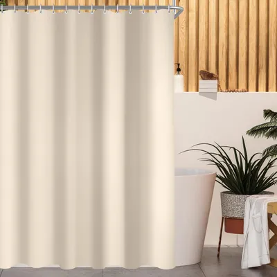 Image de Rideau de douche 120 x 160 cm, beige, ourlet lesté, tissu en polyester résistant à la moisissure, hydrofuge et lavable, pour la salle de bains et la baignoire, avec 8 anneaux pour rideau de douche