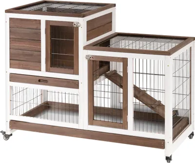 Image de PawHut Clapier š€ lapin sur roulettes cage š€ lapin intšŠrieur extšŠrieur 2 šŠtages 2 portes verrouillables 2 plateaux coulissants rampe bois de sapin marron blanc