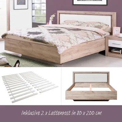 Produktbild von Homestyle4u Holzbett 160x200 cm Doppelbett mit Lattenrost Grau Eiche Kunstleder Weiß