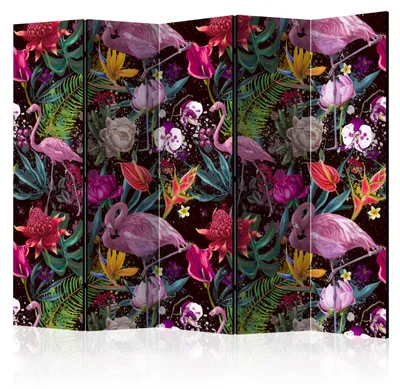 Produktbild von Muralo Einseitig bedruckter PARAVENT 5-teilig Raumteiler klappbar FLAMINGOS UND EXOTISCHE BLUMEN 225cmx172cm