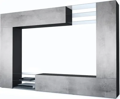 Produktbild von Vladon Wohnwand Mirage, Germany, Anbauwand mit Rückwand mit 2 Türen, 2 Klappen und 6 offenen Glasablagen, Schwarz matt/Beton Oxid-Optik (262 x 183 x 39 cm)