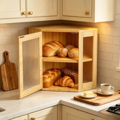 Produktbild von Bambus Brotkasten 2-stöckig mit Sichtfenster Großer Brotkasten für Küchenarbeitsplatte Brotbox Aufbewahrung für Brot Brötchen Kuchen & Gewürze