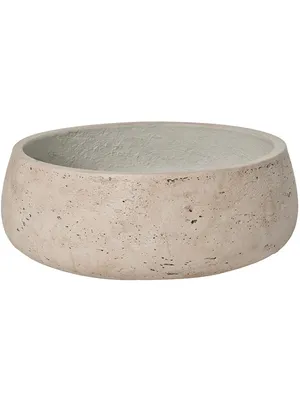 A close-up studio shot of a textured, beige-gray ceramic pot on a white background.