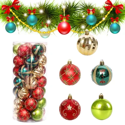 30 Kunststoff-Weihnachtskugeln, 6 cm, rot/grün/gold
