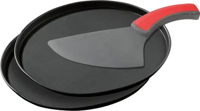 Produktbild von Zenker Pizzaset 3-teilig, Pizzableche & Schneidheber, Pizzablech rund (Ø 28 cm) antihaft, inkl. Pizzaschneider und Heber in einem, für Pizza & Flammkuchen