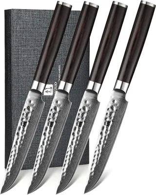 Imagen del producto de Juego de 4 cuchillos para carne de acero damasco, 12,4 cm, juego de cubiertos para carne