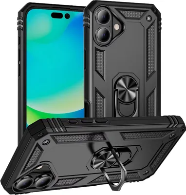 A black protective phone case with a ring holder is shown from multiple angles, with a smartphone screen visible in the background.