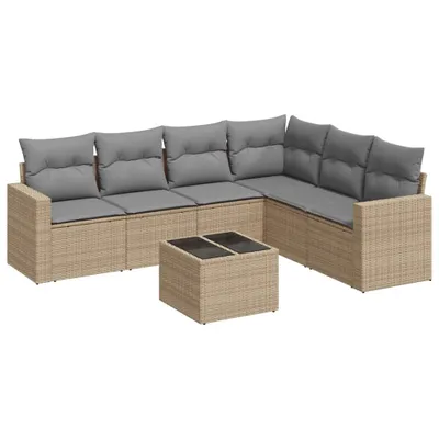 Produktbild von vidaXL 7-tlg. Garten-Sofagarnitur mit Kissen Beige Poly Rattan