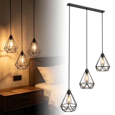 Produktbild von UISEBRT Pendelleuchte mit rechteckigem Sockel, 3-flammig E27, mattschwarzes Metall, höhenverstellbar 150cm, inkl. Edison Birnen, Industrie Innenbeleuchtung