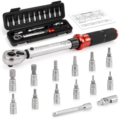 Immagine prodotto di Set di 15 chiavi dinamometriche da 1/4 di pollice, coppia da 2-26 Nm, 72 denti, con cricchetto a commutazione rapida, inserti e prolunga
