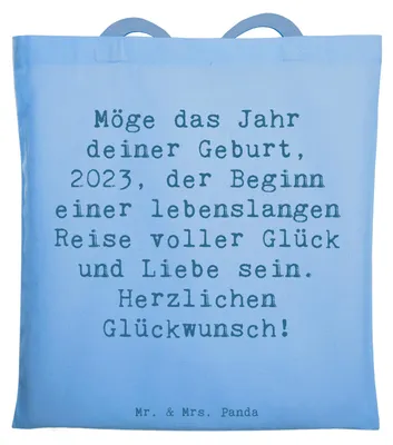 Produktbild von Mr. & Mrs. Panda Einkaufstasche Spruch 2023 Geburtstag - Sky Blue - Geschenk, Geburtstagsgeschenk, Happy Birthday, Baumwolltasche, Schultasche, Tasche, Glückwunsch, Liebe