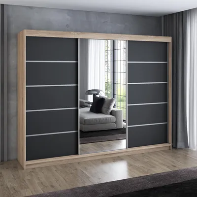 Produktbild von Schwebetürenschrank 200 cm, 3-türig, mit Spiegel & 4 Schubladen, Retro-Stil, Kleiderschrank VILUNO 1 in Sonoma / Schwarz / Schwarz