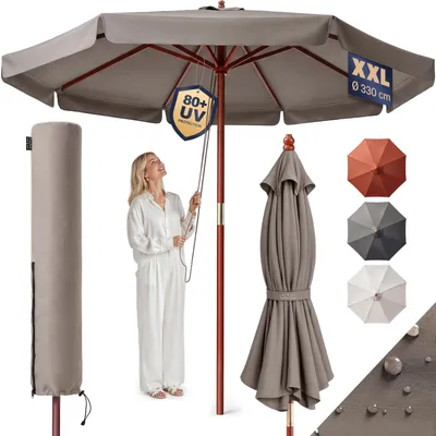 Produktbild von KINGSLEEVE® Holz Sonnenschirm 330 cm UV Schutz 80+ Schutzhülle Seilzug Groß Rund Stabil Windfest Marktschirm Gartenschirm Terrasse Balkon Taupe