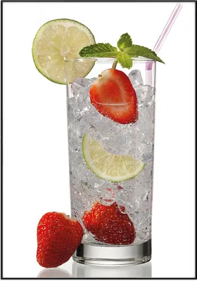 Produktbild von Wallario Wandbild Glas Wasser mit Erdbeeren, Größe: 70,30 x 100,30 cm, Poster mit schwarzem Aluminiumrahmen