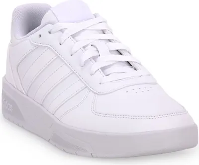 A white Adidas sneaker is shown from a three-quarter front angle against a white background.