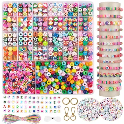 Produktbild von 1800 Stück Perlen zum Auffädeln für Kinder DIY Bastelset Buchstaben für Armbänder und Halsketten Selber Machen Perlen Set Geschenk Bunte mit Pony Beads