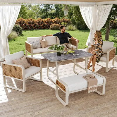 Obrázek produktu pro MODFU zahradní lounge set PE ratanová sedací souprava s konferenčním stolkem a pratelné polštáře, venkovní nábytek se nastavitelnými nohami pro terasu pro 6-7 osob, béžová