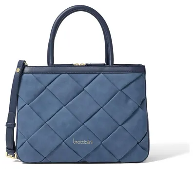 Immagine prodotto di Borsa a trapezio blu per donna, con cuciture a rilievo, chiusura a zip e tracolla in ecopelle